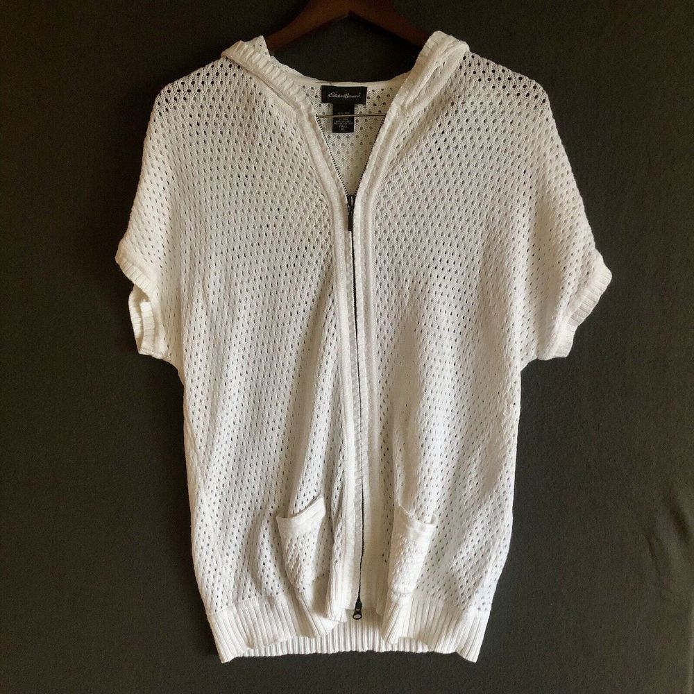 Eddie Bauer Hooded Vest XLT White Crochet Linen Cotton Short Sleeves Full Zip